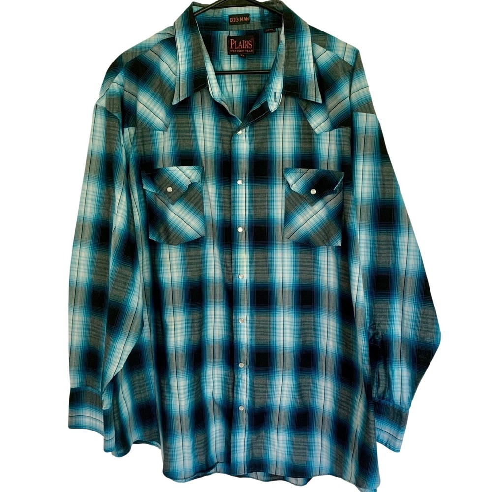 Plains 3X Big Man Western Shirt Blue Plaid Pearl Snap Long Sleeve Cowboy